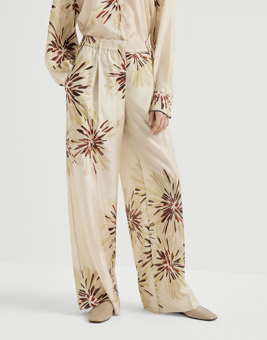 Bloom print pongee trousers Beige Silk Woman - Brunello Cucinelli