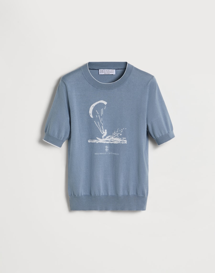 Knit T-shirt with 'water' intarsia Azure Boys - Brunello Cucinelli
