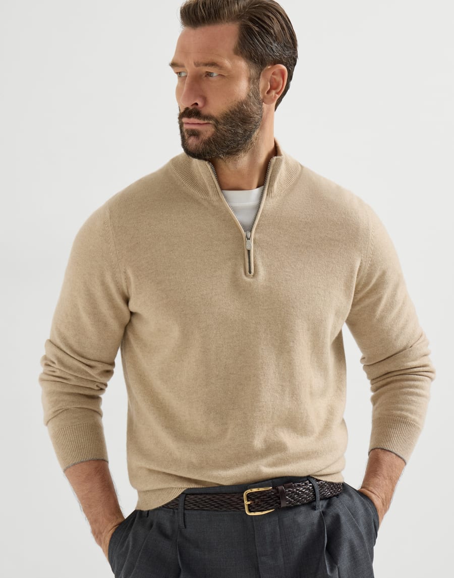 Cashmere sweater with half zip Beige Man - Brunello Cucinelli