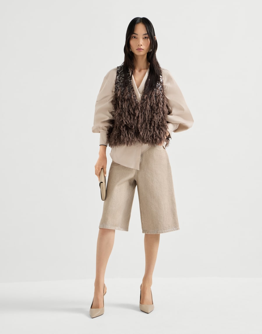 Stretch poplin shirt with monili Beige Woman - Brunello Cucinelli