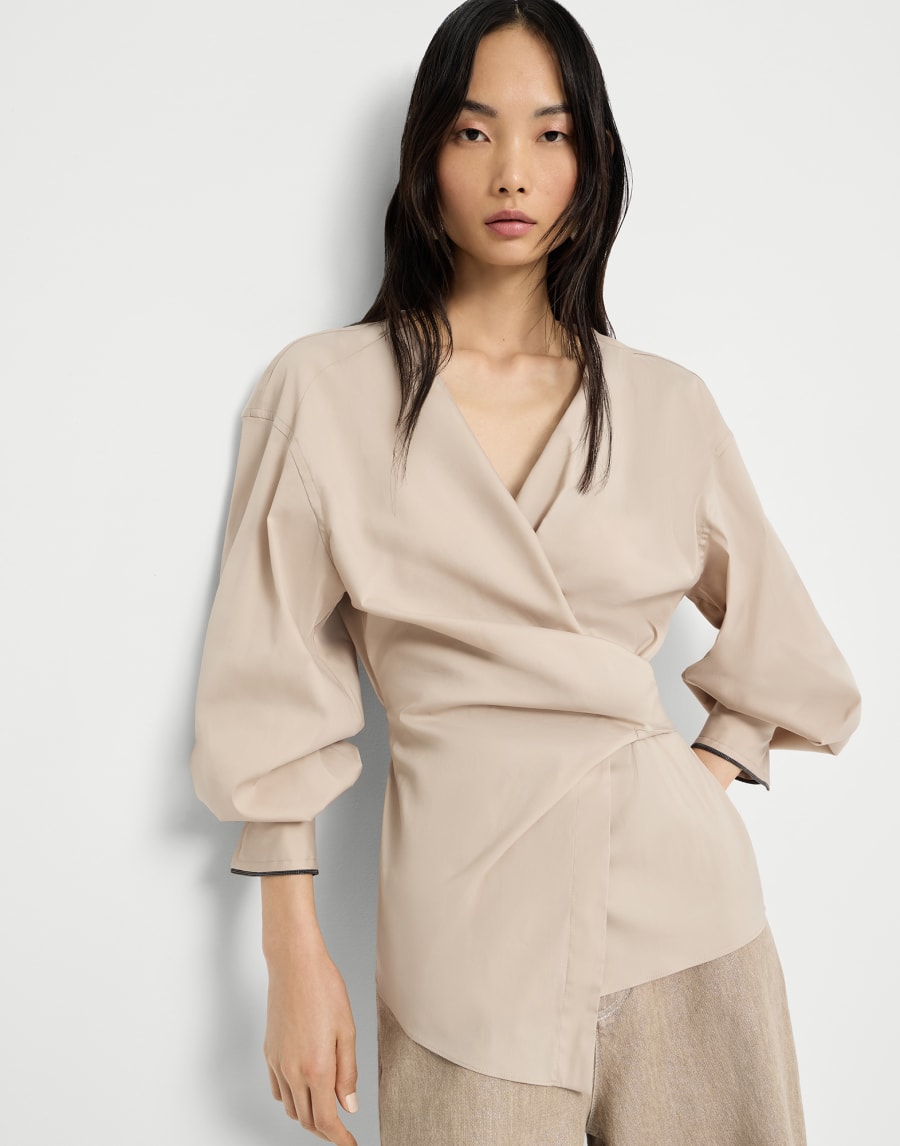 Camisa de popelina elástica con Monile Beige Mujer - Brunello Cucinelli