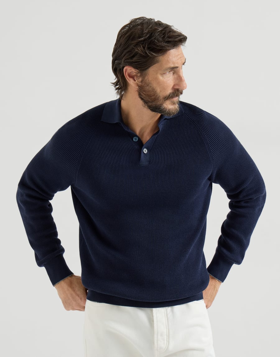 Rib knit polo Navy Blue Man - Brunello Cucinelli