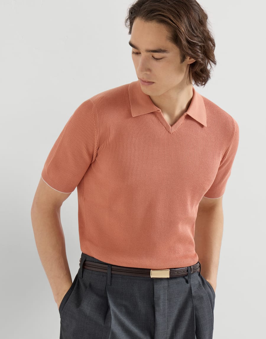 Cotton English rib knit polo Apricot Man - Brunello Cucinelli