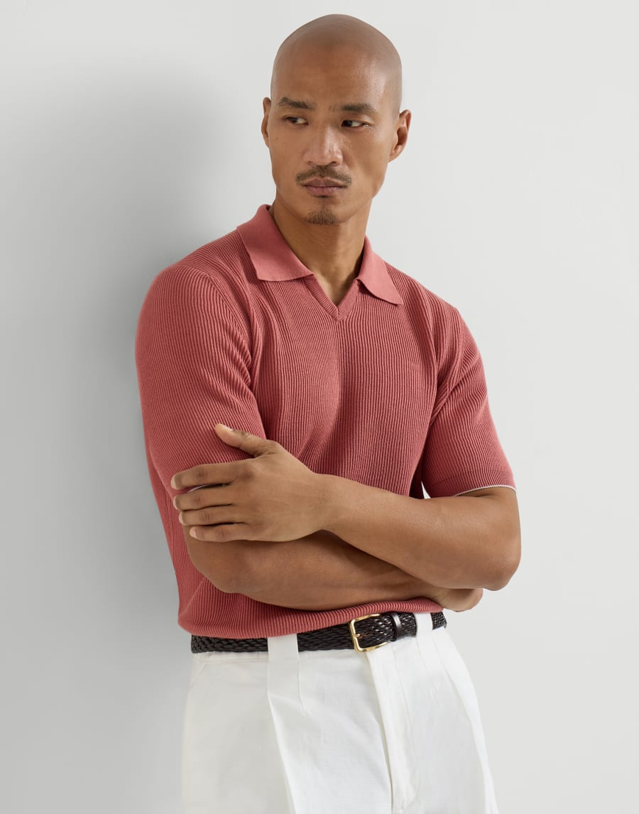 Cotton English rib knit polo Orange Man - Brunello Cucinelli