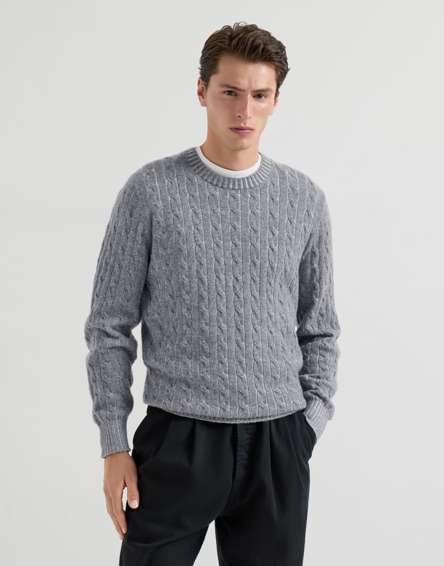 Cashmere vanisé cable knit sweater Dark Grey Man - Brunello Cucinelli