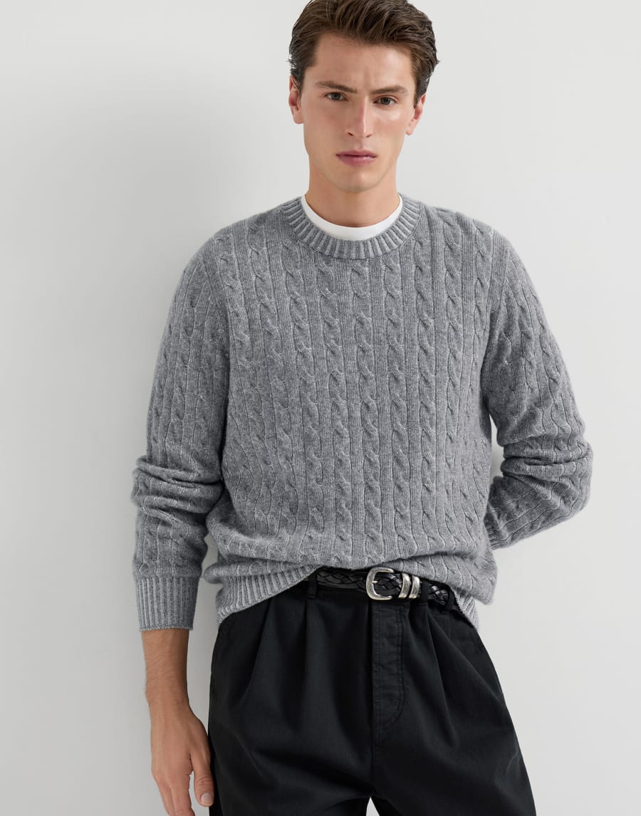 Cashmere vanisé cable knit sweater Dark Grey Man - Brunello Cucinelli