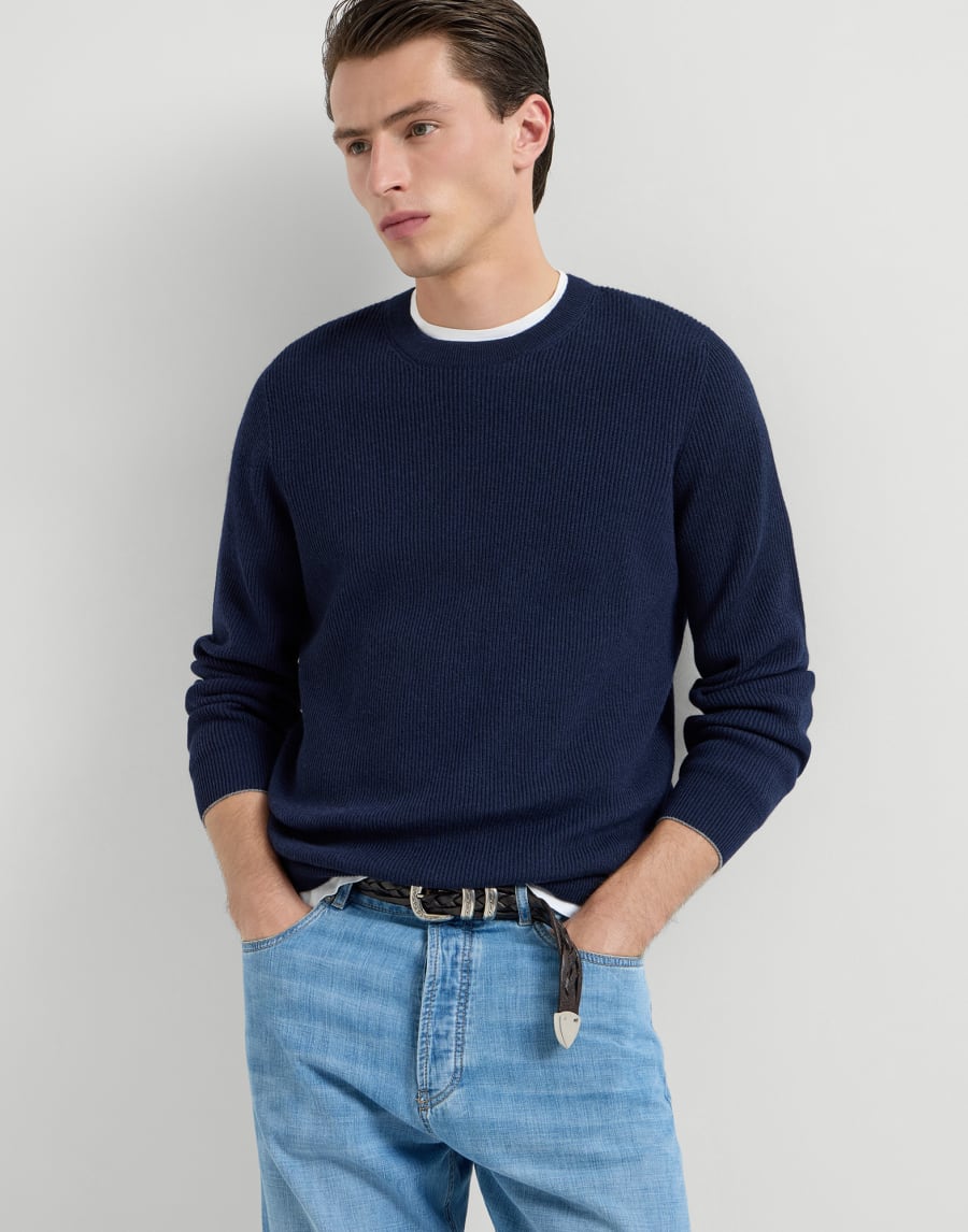Cashmere English rib sweater Navy Blue Man - Brunello Cucinelli