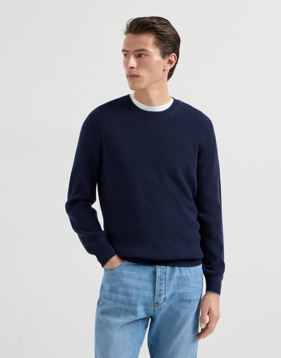 Cashmere English rib sweater Navy Blue Man - Brunello Cucinelli