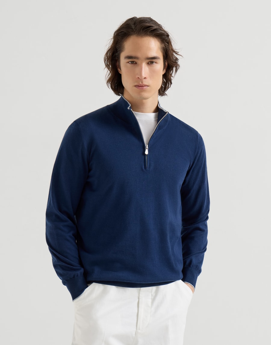 Cotton and cashmere lightweight sweater Avio Blue Man - Brunello Cucinelli
