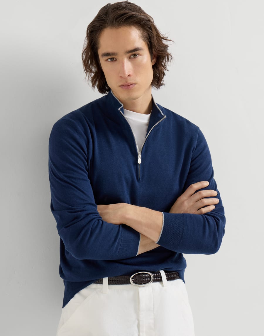 Cotton and cashmere lightweight sweater Avio Blue Man - Brunello Cucinelli