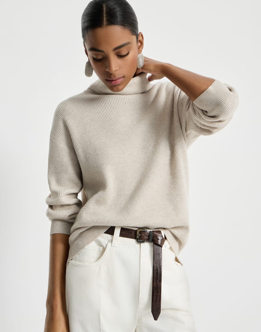 Maglia in cashmere costa inglese Oyster Donna - Brunello Cucinelli