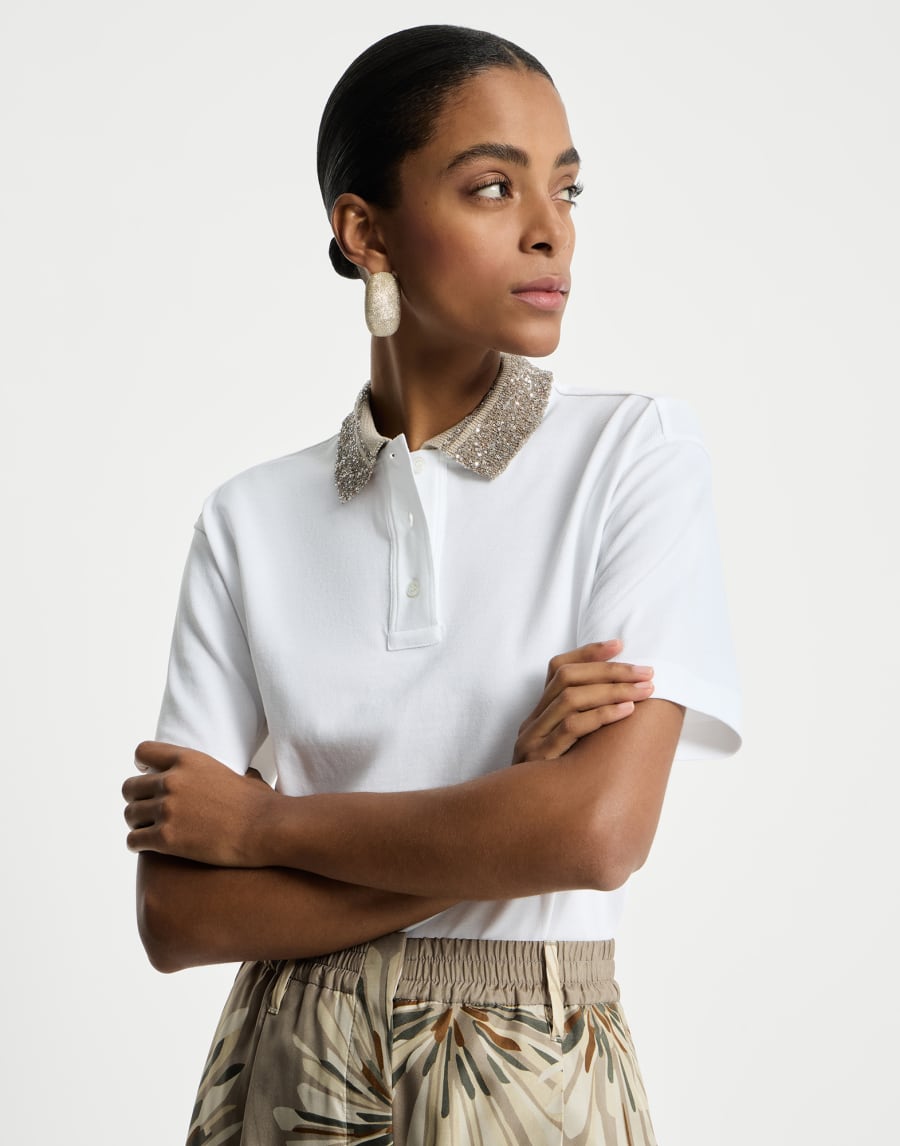 Polo with dazzling knit collar White Woman - Brunello Cucinelli