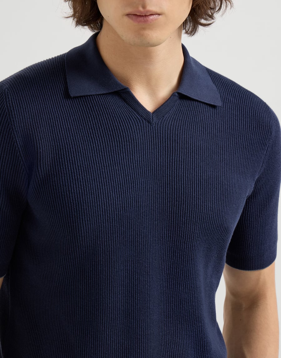 Polo de algodón con punto canalé inglés Azul Aviación Hombre - Brunello Cucinelli