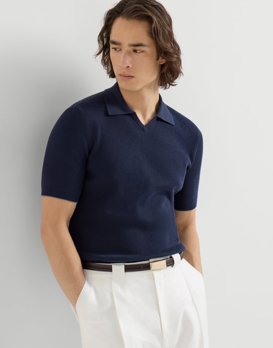 Polo de algodón con punto canalé inglés Azul Aviación Hombre - Brunello Cucinelli