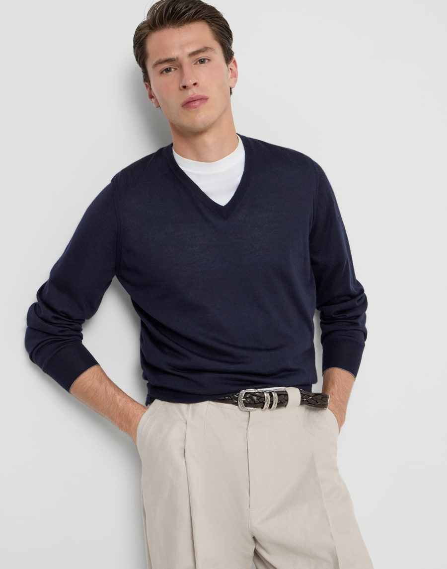 Cashmere and silk lightweight sweater Navy Blue Man - Brunello Cucinelli