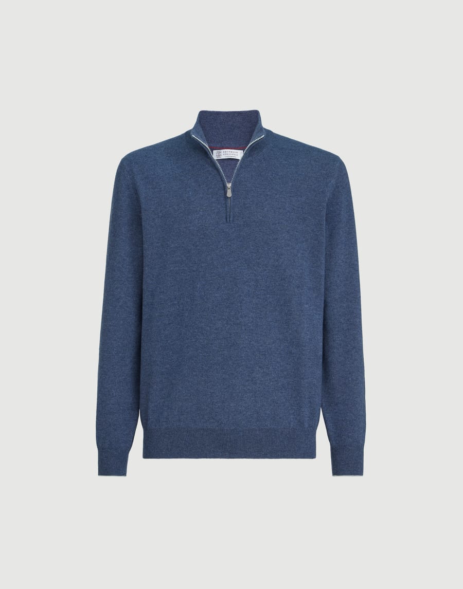 Cashmere sweater with half zip Denim Man - Brunello Cucinelli