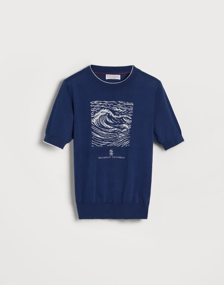 Knit T-shirt with 'Water' inlay Blue Boys - Brunello Cucinelli