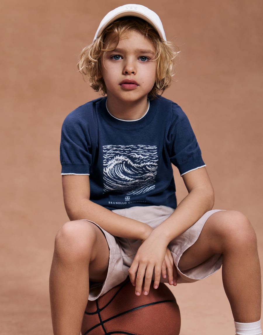 Knit T-shirt with 'Water' inlay Blue Boys - Brunello Cucinelli