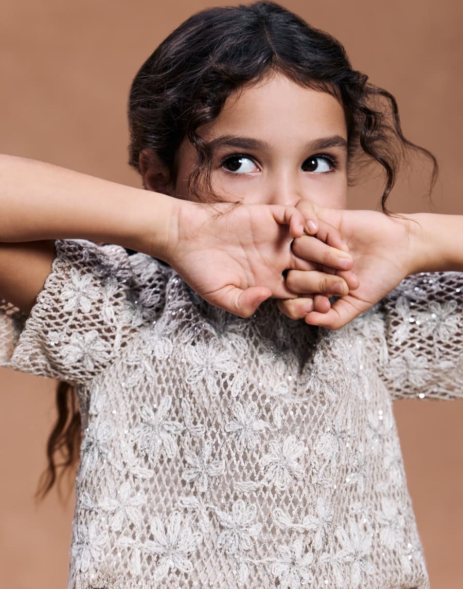 Dazzling Daisy Net Embroidery T-shirt Natural Girls - Brunello Cucinelli