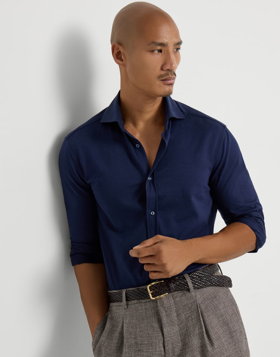 双珠地面料衬衫 海军蓝 男款 - Brunello Cucinelli