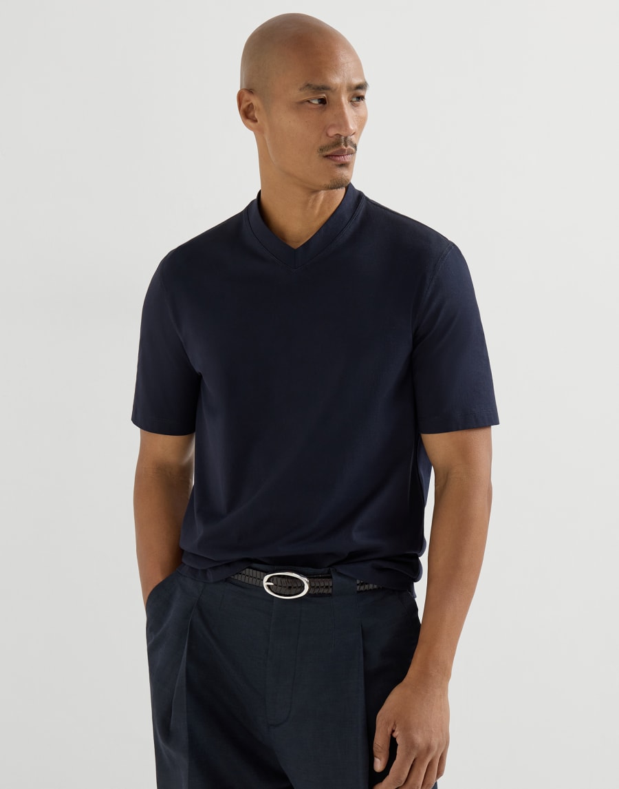 コットンジャージー VネックTシャツ ネイビーブルー メンズ - Brunello Cucinelli