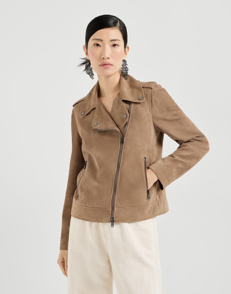Blouson biker en daim Noisette Femme - Brunello Cucinelli