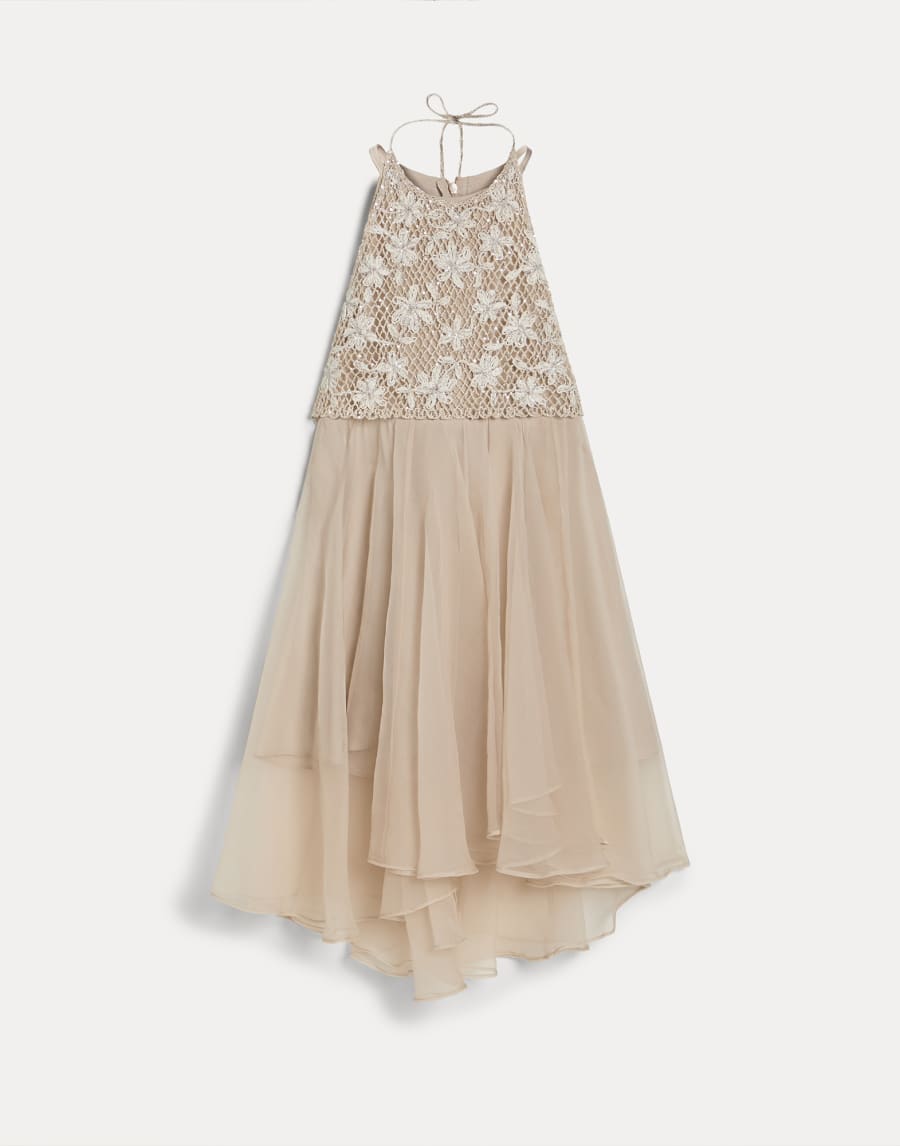 Crispy silk dress with monili Beige Girls - Brunello Cucinelli
