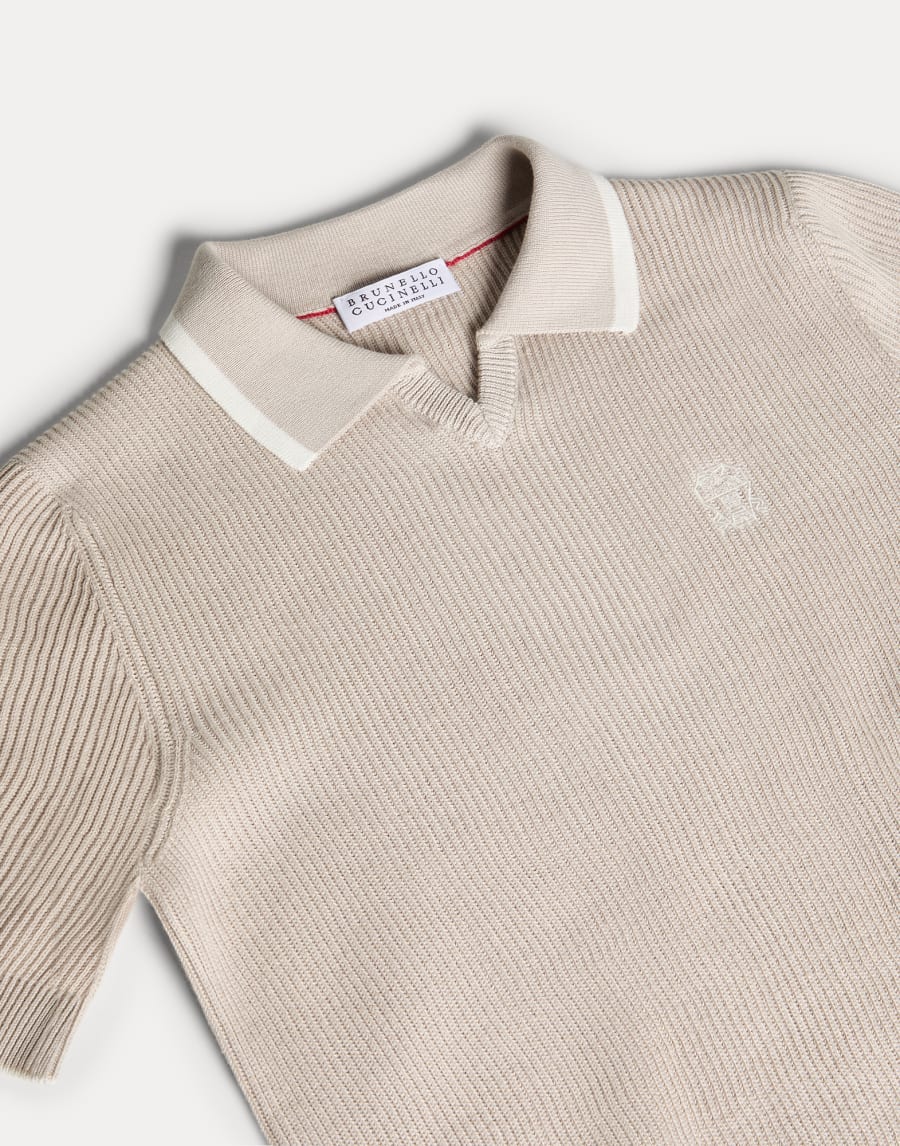 English rib knit polo shirt with logo Beige Boys - Brunello Cucinelli