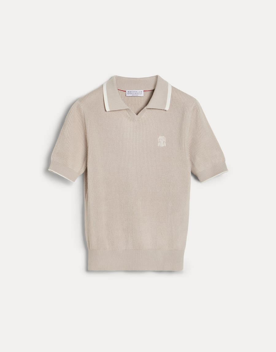 English rib knit polo shirt with logo Beige Boys - Brunello Cucinelli