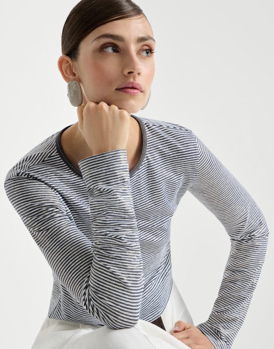 Striped jersey top with monili Blue Woman - Brunello Cucinelli