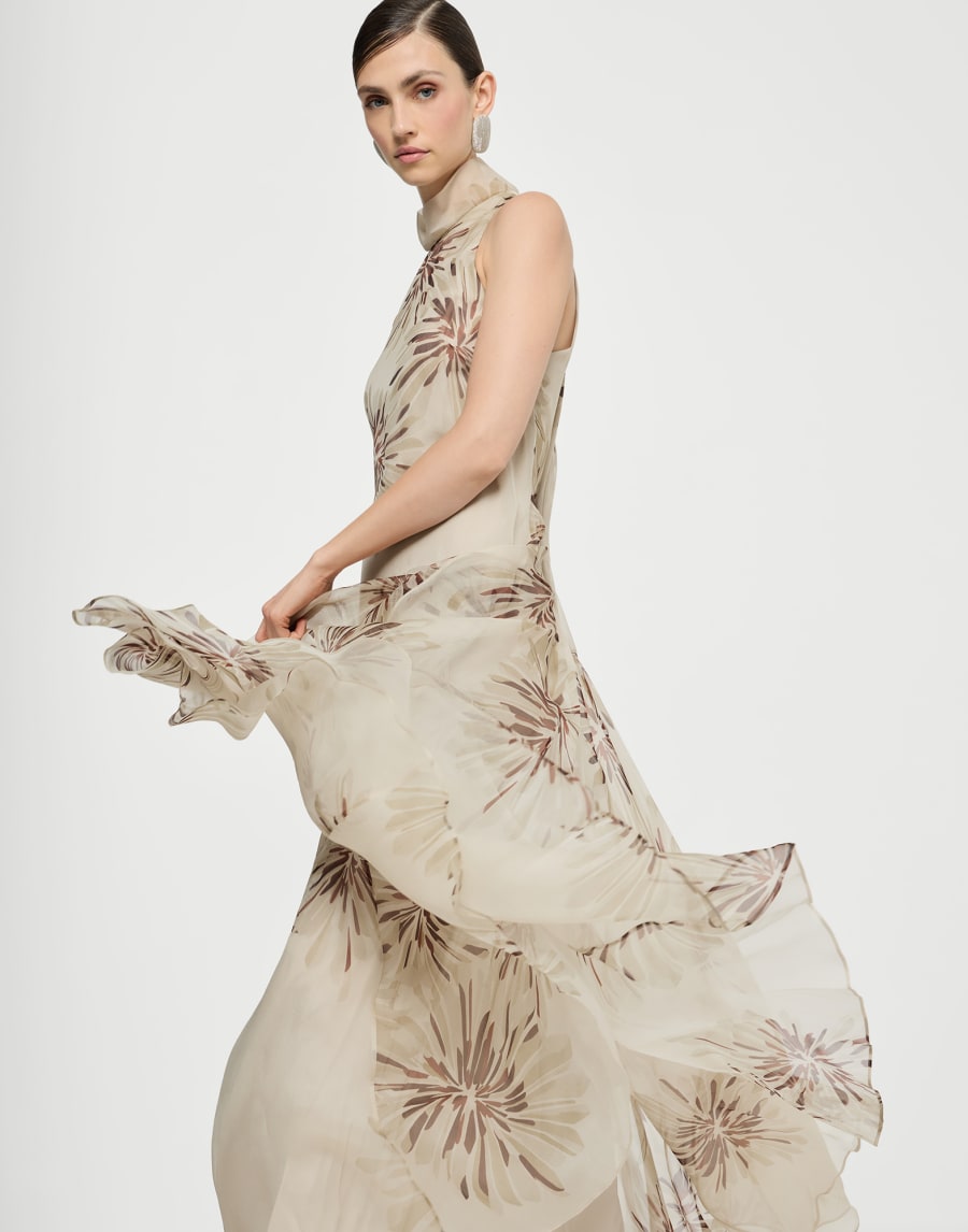 Kleid aus Organza mit Bloom Print Beige Damen - Brunello Cucinelli