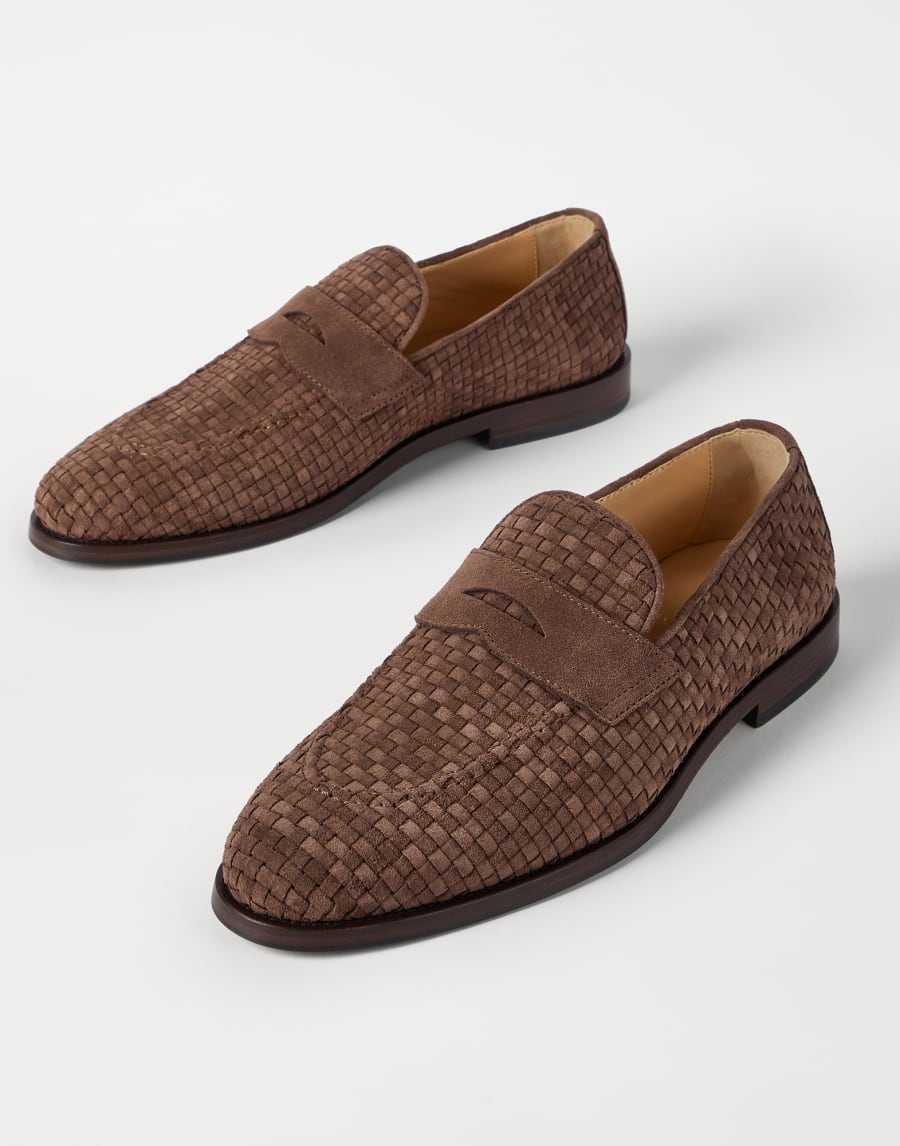Braided suede penny loafers Brown Man - Brunello Cucinelli