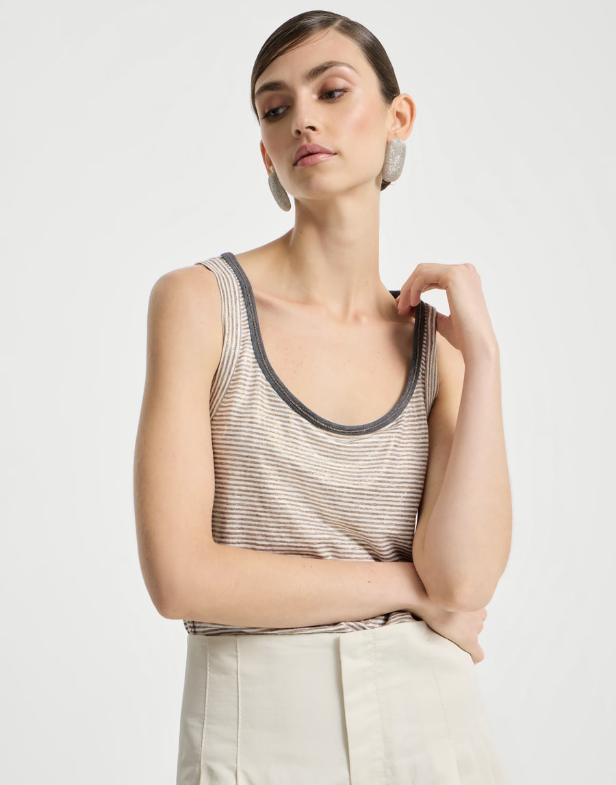 Striped jersey top with monili Light Brown Woman - Brunello Cucinelli