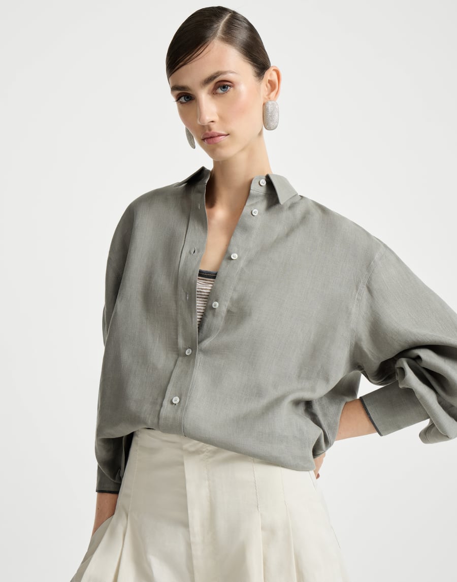Linen shirt with monili Khaki Woman - Brunello Cucinelli