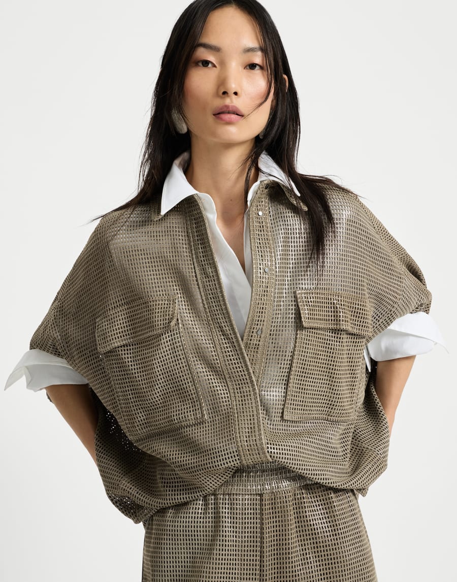 Sparkling leather net shirt Khaki Woman - Brunello Cucinelli
