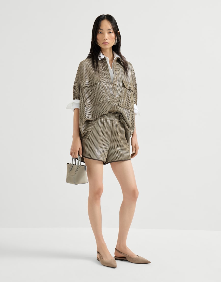 Sparkling leather net shirt Khaki Woman - Brunello Cucinelli