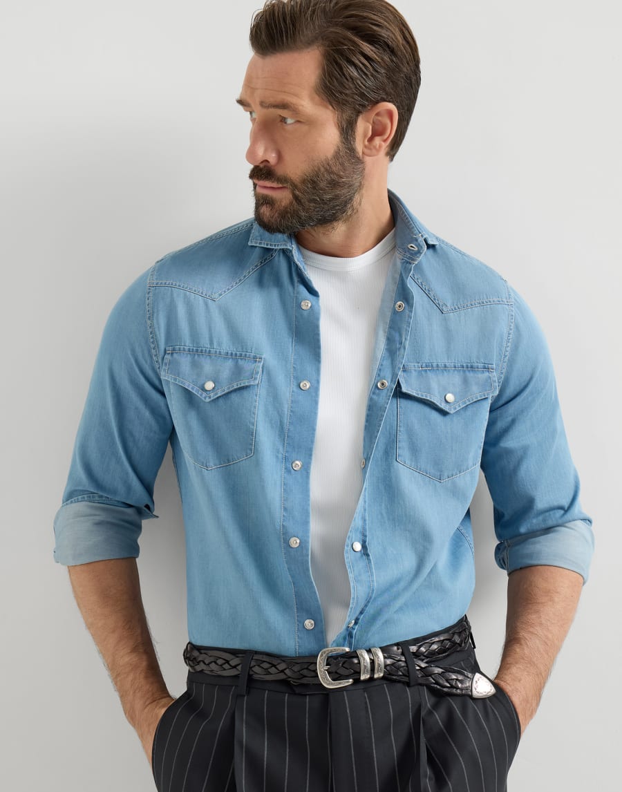 Bluse mit Druckknöpfen Ausgebleichter Denim Herren - Brunello Cucinelli