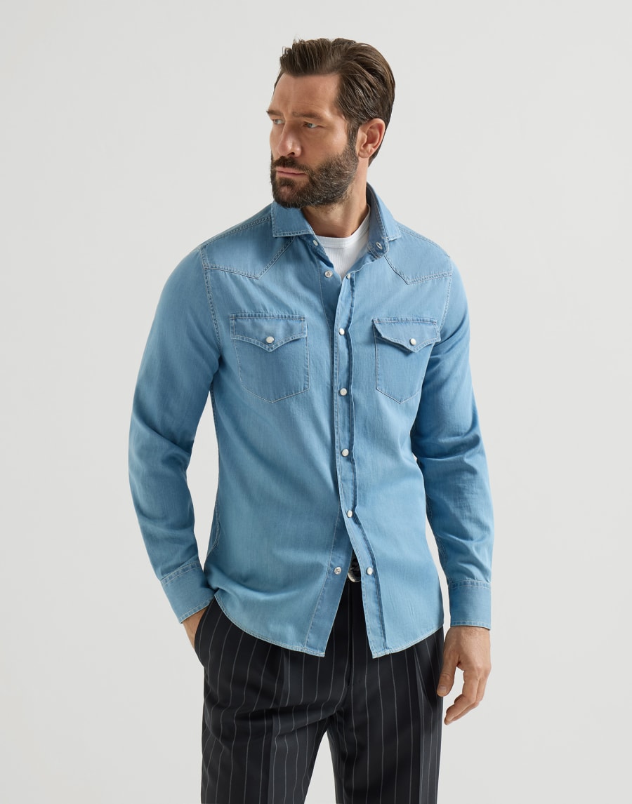 Bluse mit Druckknöpfen Ausgebleichter Denim Herren - Brunello Cucinelli