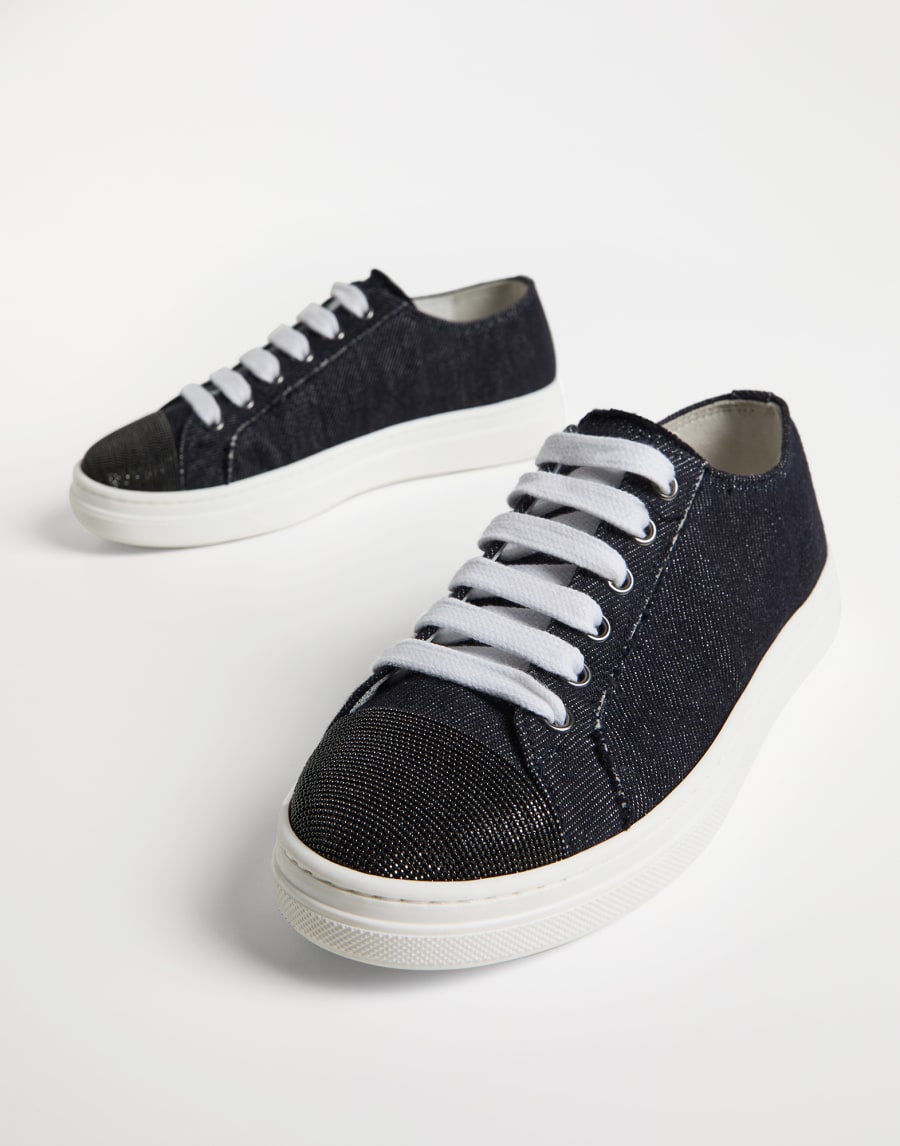 镶珠装饰不褪色牛仔布运动鞋 灰白色 女童 - Brunello Cucinelli