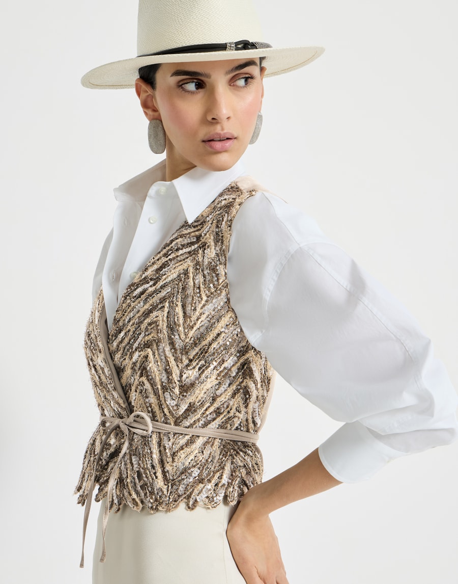 耀眼鱼骨纹绣花马甲背心 棕色 女款 - Brunello Cucinelli