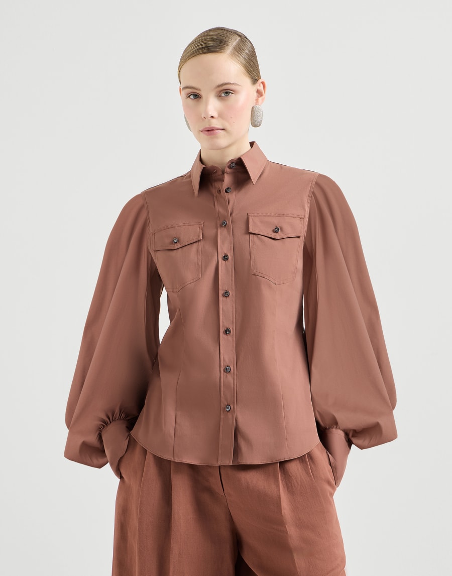 Stretch poplin shirt with monili Firebrick Woman - Brunello Cucinelli