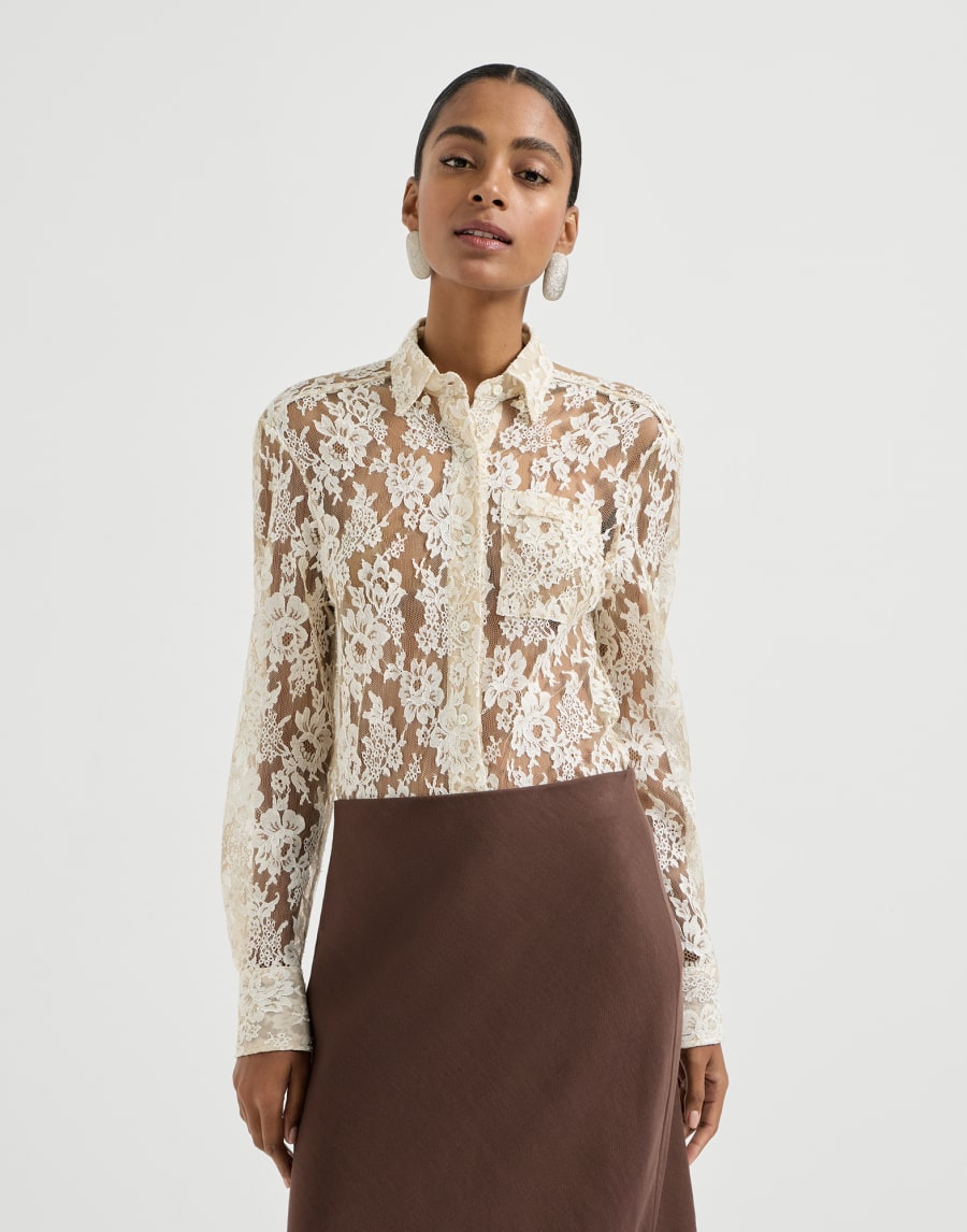 Flower jacquard lace shirt Cream Woman - Brunello Cucinelli