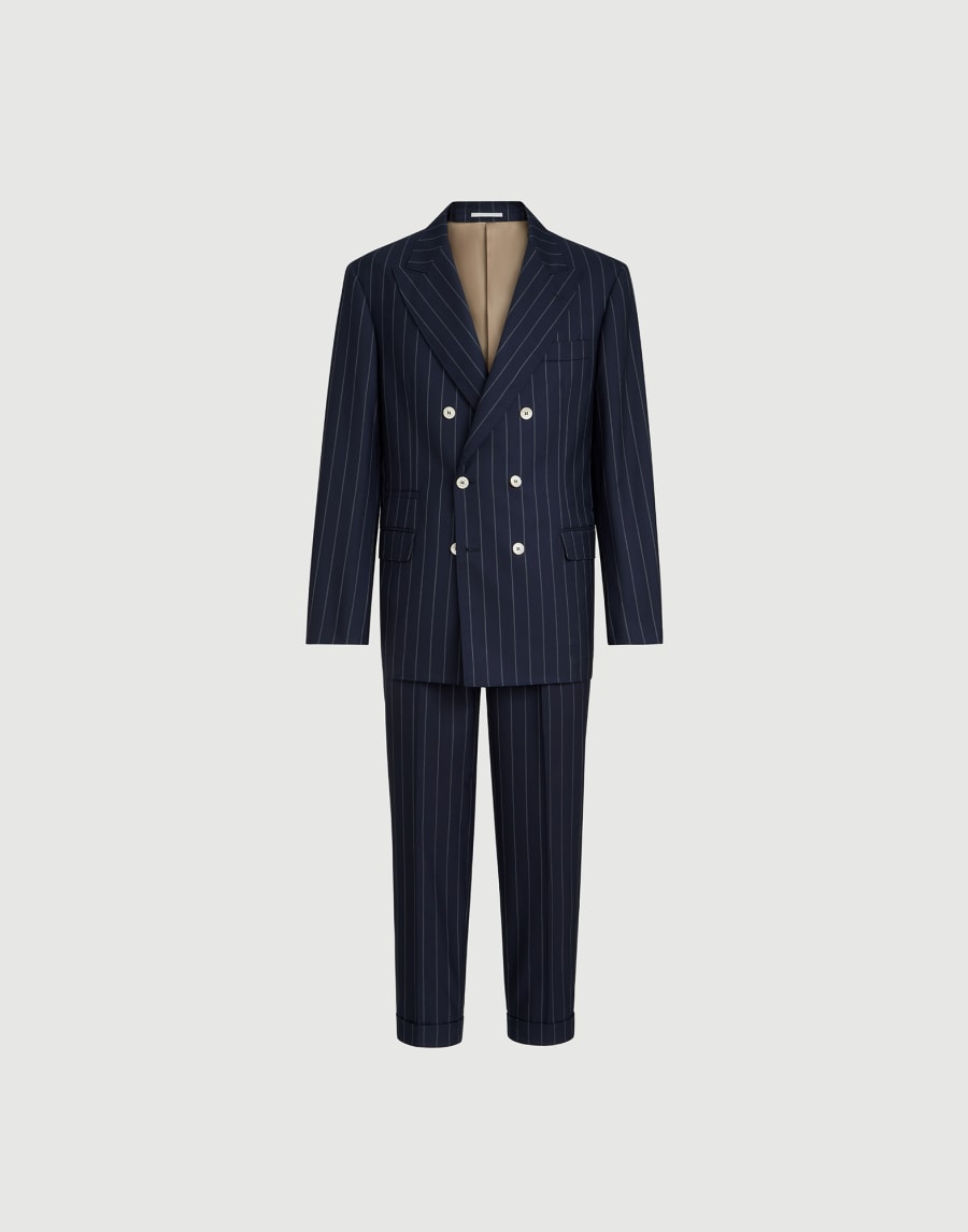 查尔克宽条纹西装套装:150支初剪羊毛混纺斜纹面料 蓝色 男款 - Brunello Cucinelli