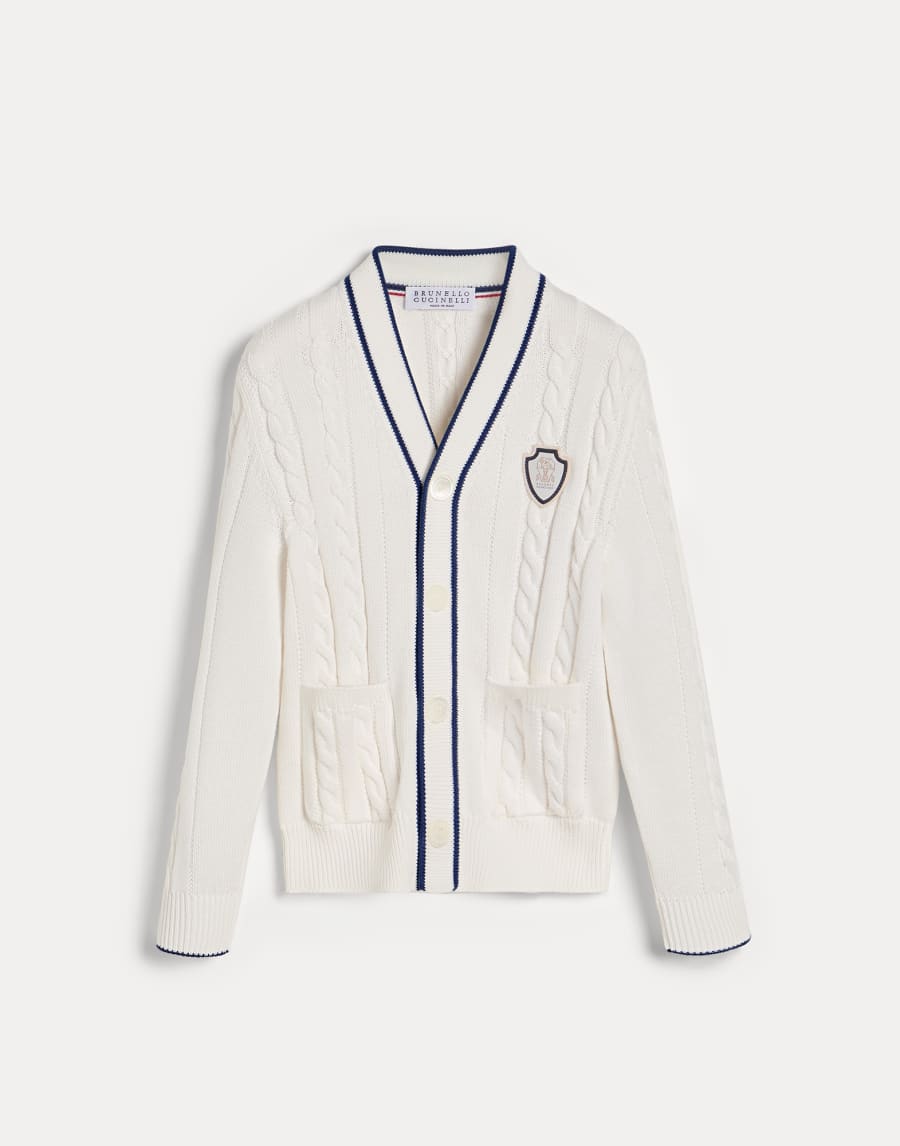 Cotton cable knit cardigan with logo White Boys - Brunello Cucinelli