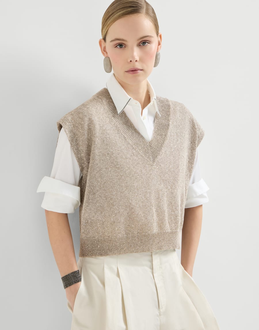 Linen and cotton Diamond yarn sweater Light Brown Woman - Brunello Cucinelli