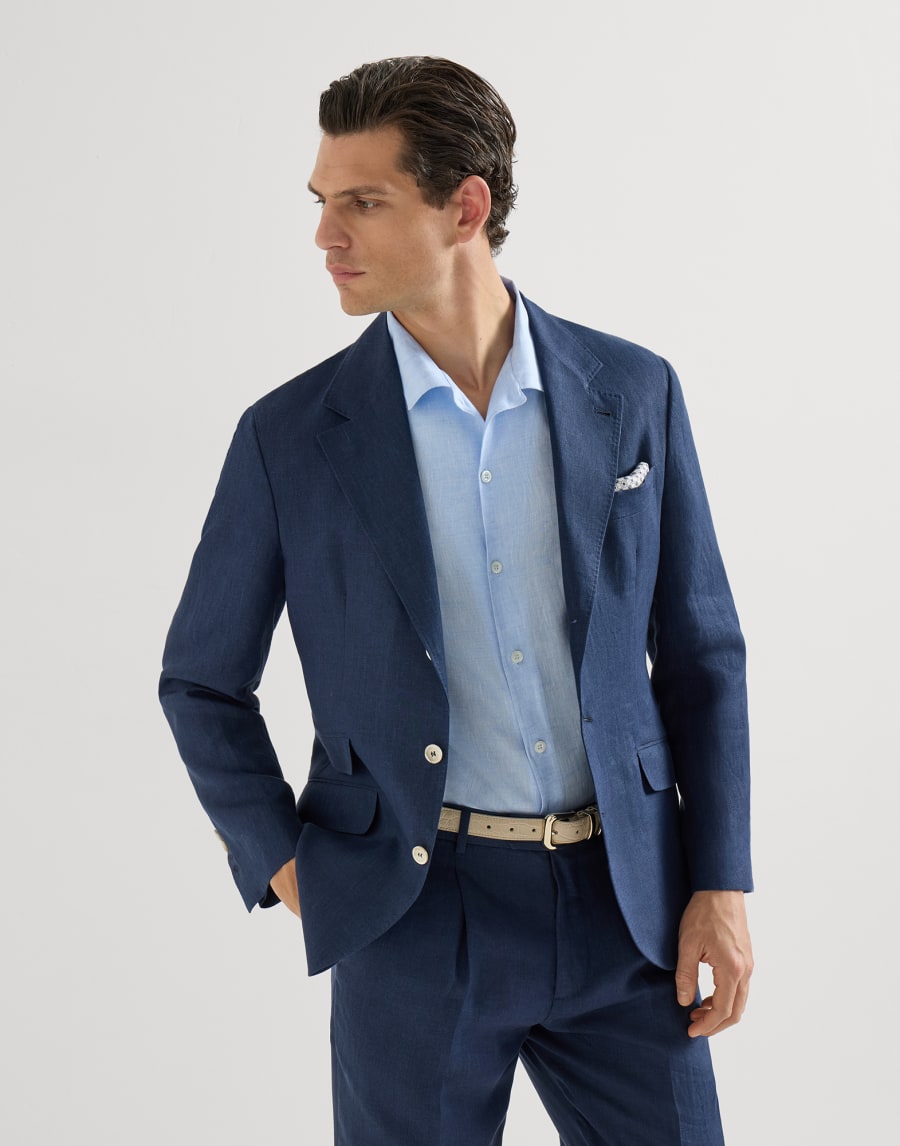 Linen deconstructed blazer Navy Blue Man - Brunello Cucinelli