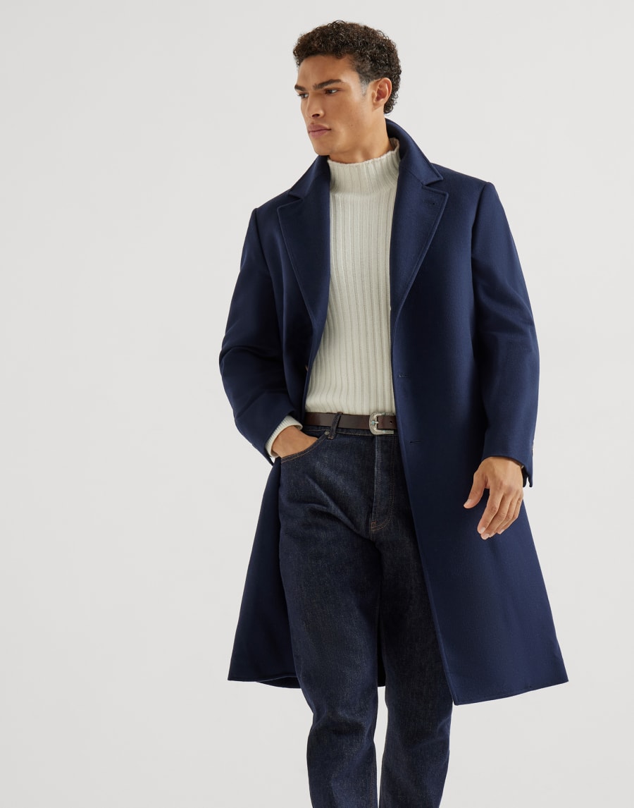 Cashmere and vicuña beaver cloth coat Navy Blue Man - Brunello Cucinelli