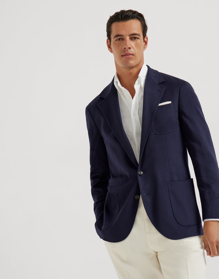 Cashmere and vicuña deconstructed blazer Navy Blue Man - Brunello Cucinelli