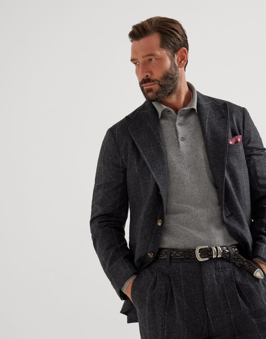 Cashmere and vicuña knit polo shirt Grey Man - Brunello Cucinelli