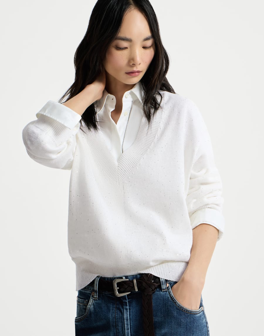 Linen and cotton Diamond yarn sweater White Woman - Brunello Cucinelli